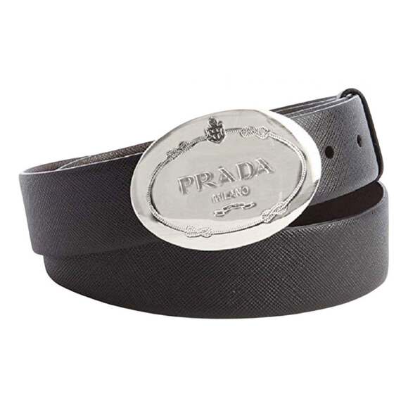 Prada Black Saffiano Leather Engraved Oval Plaque Buckle Belt